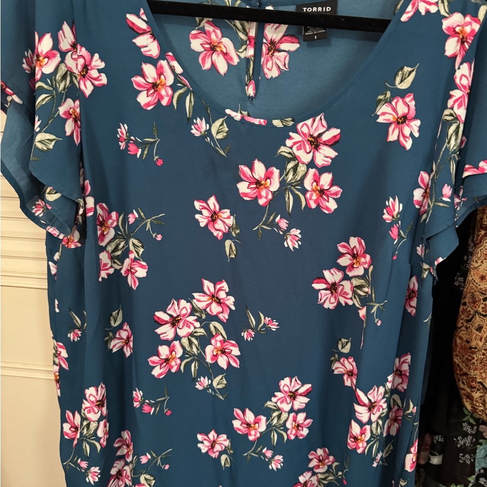 Torrid Blue Pink Floral Blouse